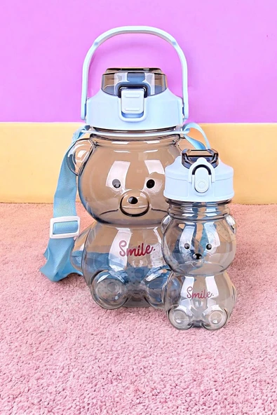 Tilbe Home 2li Şeffaf Smile Ayıcık Su Matarası 1000+400ml Çocuk Su Şişesi Pipetli Sızdırmaz Kapaklı Suluk Seti