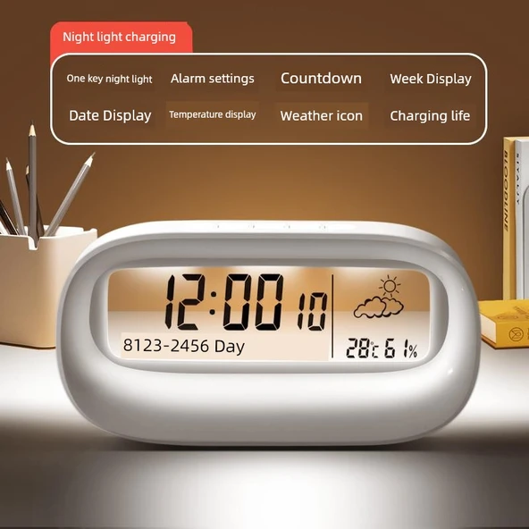 Dijital Oda Termometresi - Beyaz - Gece Lambası, Alarm, USB Kablolu