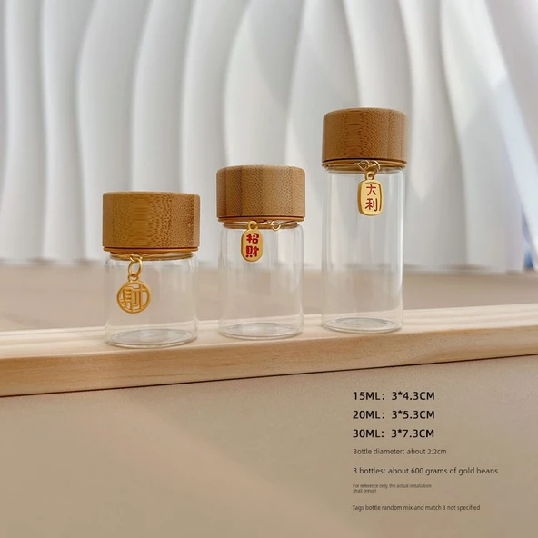 Bambu Kapaklı 15+20+30ml Cam Saklama Şişesi - Asma Etiketli ve Etiketli