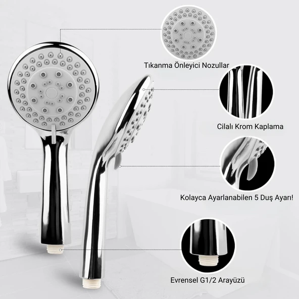 DESIPHON 5 Fonksiyonllu Lüx Duş Seti Hortum Mafsal Ve Başlık Set Full takım - 3