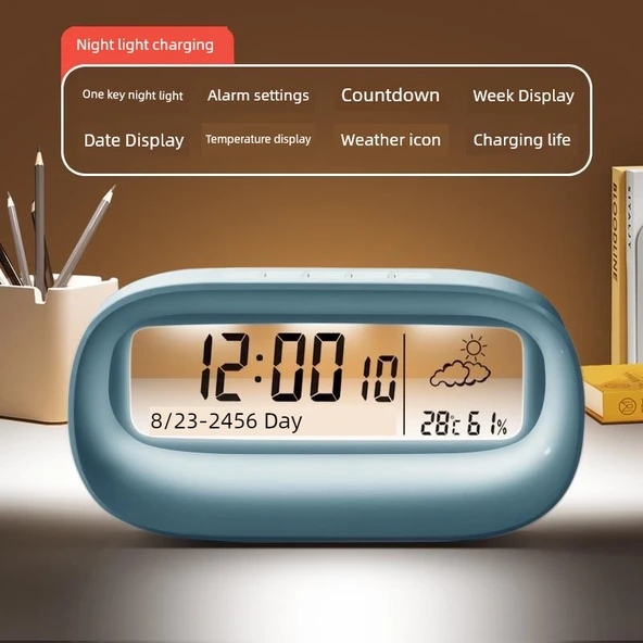 Dijital Oda Termometresi - Mavi Yeşil - Gece Lambalı, Şarjlı, Alarmlı, Nem ve Sıcaklık Göstergeli, Geri Sayımlı, USB