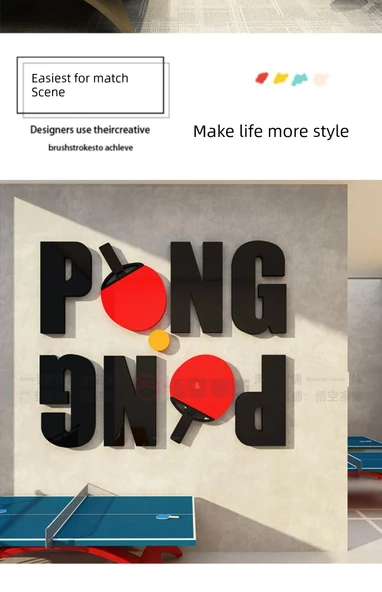 Masa Tenisi Odası 3D Akrilik Duvar Sticker - Siyah + Koyu Yeşil + Turuncu - Büyük Boy - 8