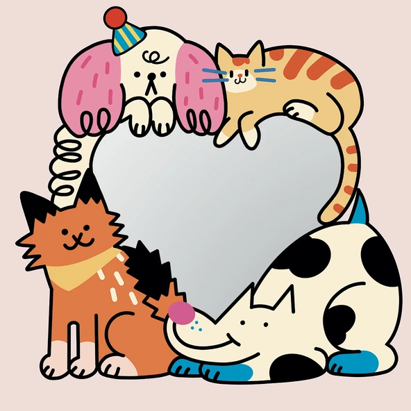Çizgi Film Hayvan Dopamin Ayna Dekoratif Asma Tablo - Pet Donuts -1, 30x30cm, Ay Işığı Beyaz Alüminyum Alaşımlı Çerçeve