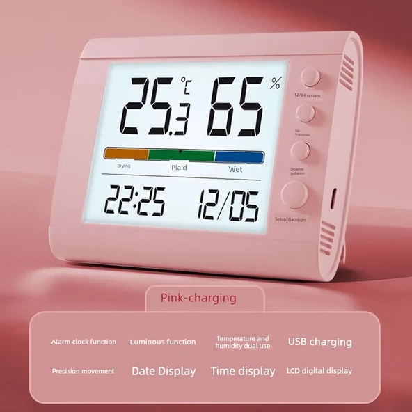 Dijital Higrometre Termometre 601 Pembe Işıklı Şarjlı