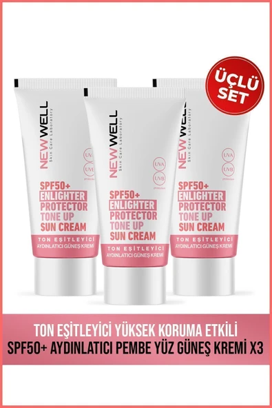 NEW WELL 3 Adet Ton Eşitleyici yüksek Koruma Etkili Spf50 Aydınlatıcı Pembe Yüz Güneş Krem 50 ml