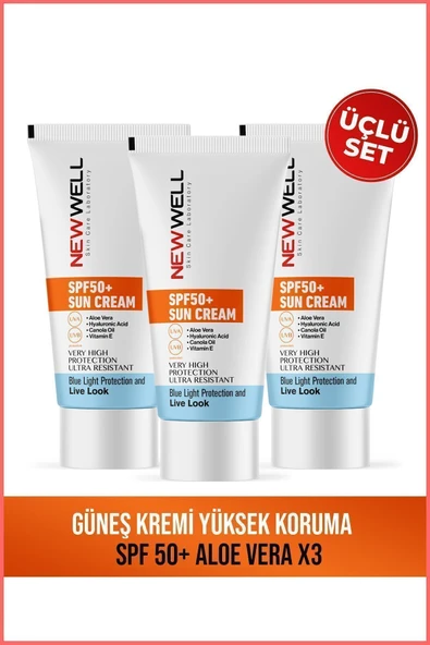 NEW WELL 3 Adet Güneş Kremi Yüksek Koruma Spf 50+(Aloe Vera)