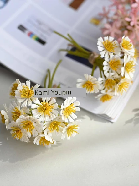 Mini Yapay Çiçek Buketi - Beyaz ve Yeşil Mini Gümüş Taçlı Çiçekler - 6