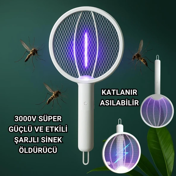 Polham 1200mAh Şarjlı 3000V Katlanabilir Ultra Güçlü Sinek ve Sivrisinek Öldürücü, 3in1 Askılı Standlı