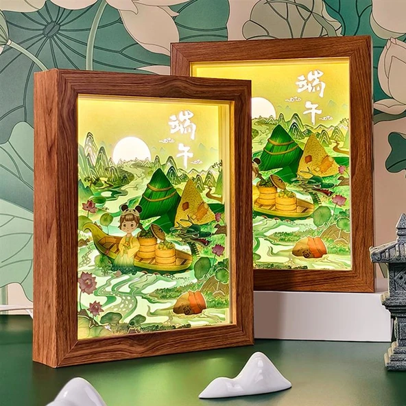 3D Işık ve Gölge Kağıt Kesme Lamba - Ahşap Desenli Çerçeve - 5