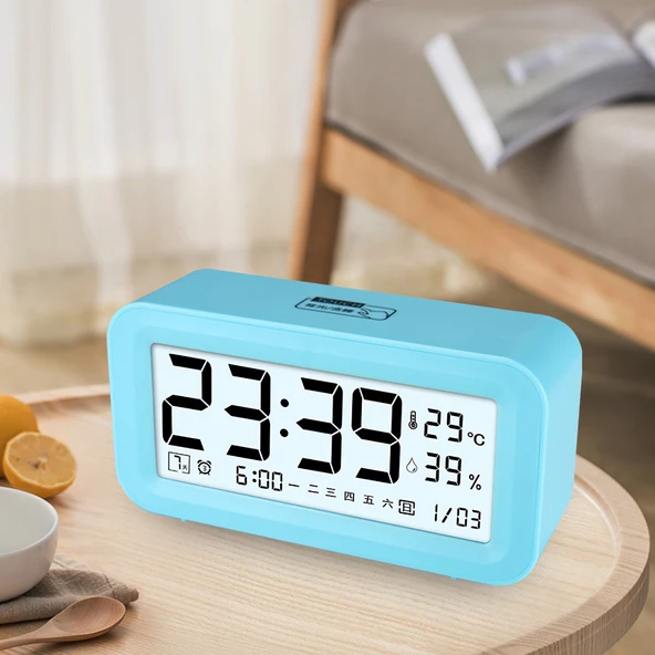 Dijital Higrometre Termometre - 351 Mavi Akıllı Arka Işıklı Üçlü Alarm