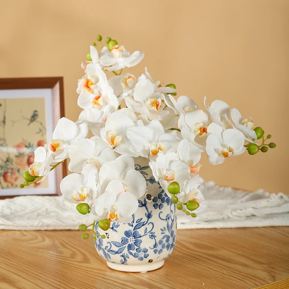 Yapay Phalaenopsis Orkide Aranjmanı - Beyaz 6 Dal 5 Başlı Porselen Vazosu ile