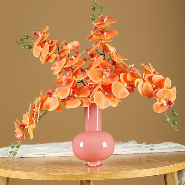 Yapay Phalaenopsis Orkide Aranjmanı - Turuncu 4 Dal 9 Başlı Çiçek Vazosu ile