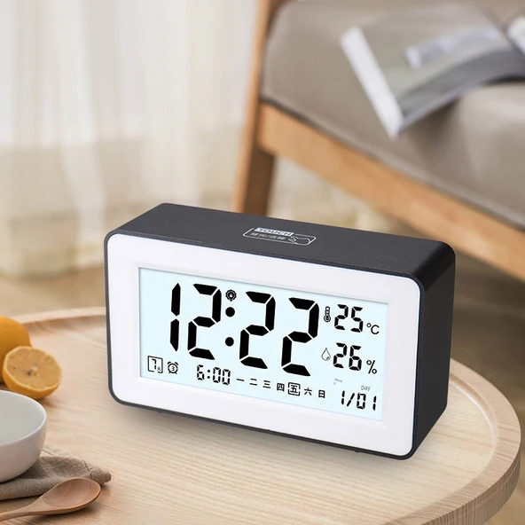 Dijital Higrometre Termometre - 519 Siyah Akıllı Arka Işıklı Üçlü Alarm