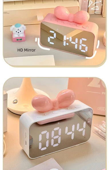Çok Fonksiyonlu Masa Saati - Alarm, Ayna, Bluetooth Hoparlör - Beyaz 1200mA + Fiyonklar - 12