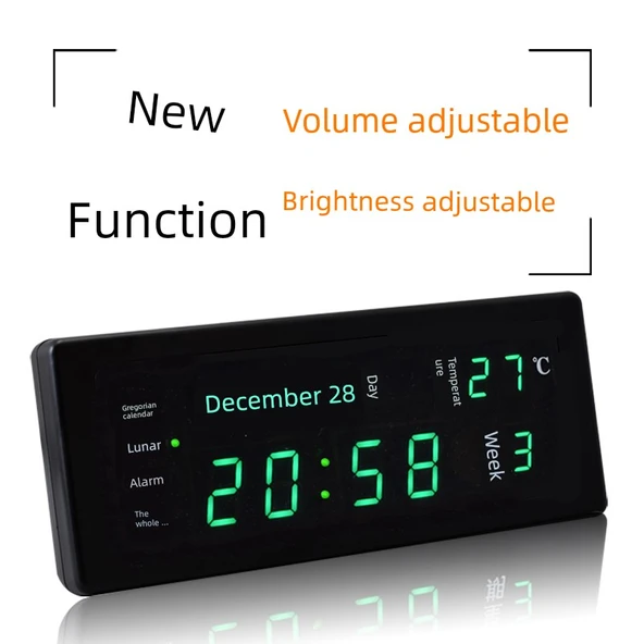 Dijital LED Takvimli Alarm Masa Saati - Gümüş Yeşil Işık - 2