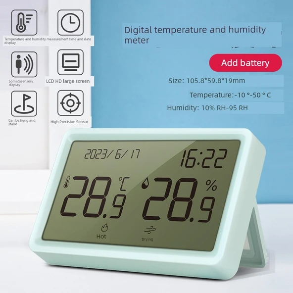 Elektronik Higrometre Termometre - Mavi Büyük Ekran, Asılabilir ve Ayakta Durabilir