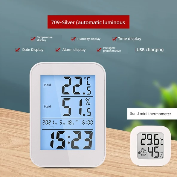 Şarj Edilebilir Dijital İç Ortam Sıcaklık ve Nem Ölçer - 709 Gümüş + Mini Ölçer