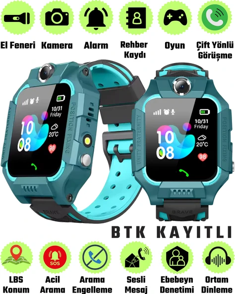 Watch Kameralı GPS Takipli Akıllı Çocuk Saati SIM Kartlı Ortam Dinleme iPhone Huawei Android iOS 8 9 Yeşil