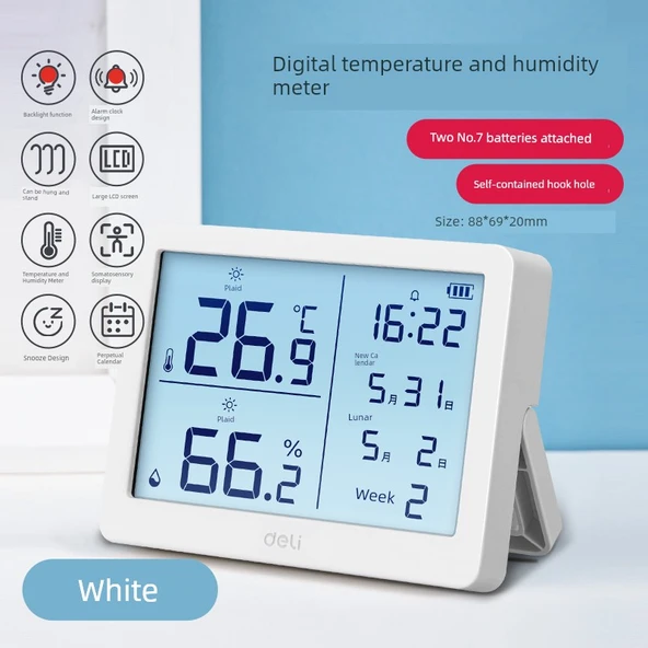 Elektronik Higrometre Termometre - Beyaz Arkadan Aydınlatmalı Takvim ve Alarm