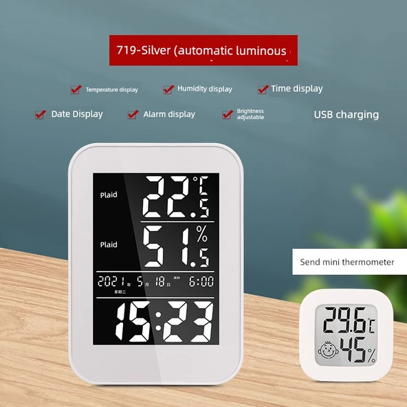Şarj Edilebilir Dijital İç Ortam Sıcaklık ve Nem Ölçer - 719 Gümüş + Mini Ölçer