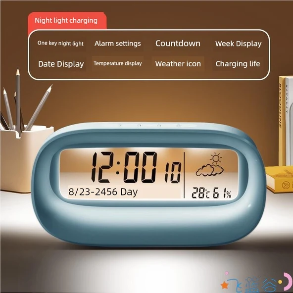 Dijital Oda Termometresi - Mavi Yeşil, Gece Lambalı, Şarjlı, Alarmlı, USB Kablolu