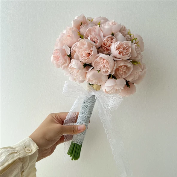 Yapay Şakayık Buketi - Açık Pembe İki Demet + Beyaz Kurdele