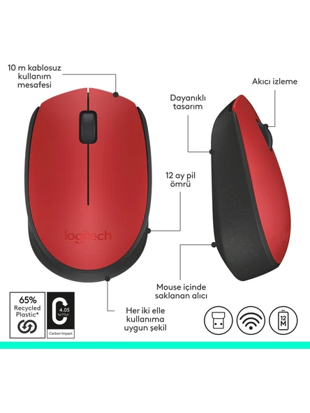 Logitech M171 910-004641 Kırmızı Optik Kablosuz Mouse - Resim 2