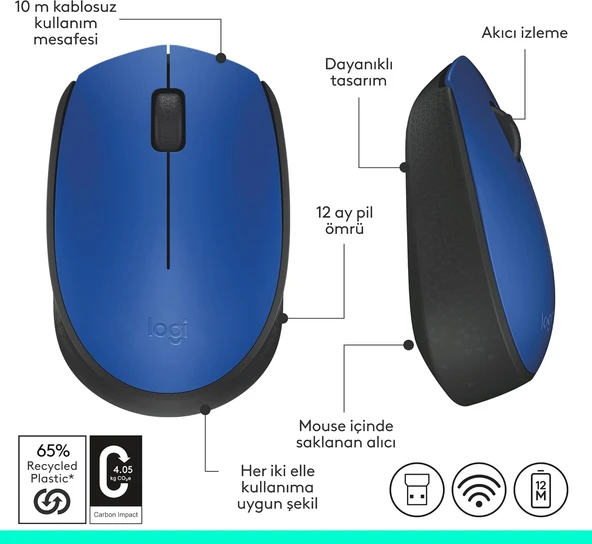 Logitech M171 910-004640 Mavi Optik Kablosuz Mouse - Resim 5