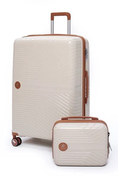 Elatae Exclusive Pro Polipropilen Kırılmaz 2'li Valiz Seti Büyük Boy ve Makyaj 2'li Set Bej - Camel 5239 ürün görseli