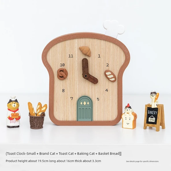 Tost Tasarımlı Küçük Masa Saati - İmzalı Kedi + Tost Kedi + Pişiren Kedi + Ekmek Sepeti