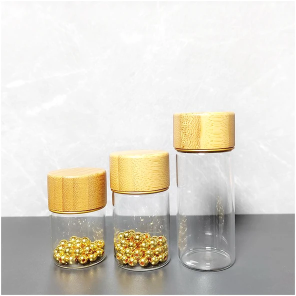 Bambu Kapaklı Cam Saklama Şişesi - 15ml + 20ml + 30ml + 50ml Set