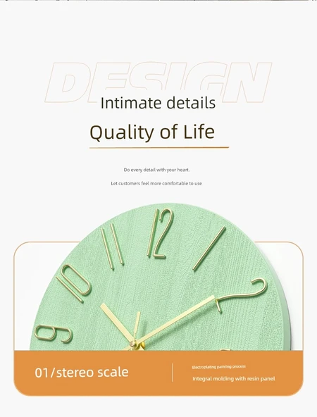 Minimalist Modern Duvar Saati - 30 cm - Bezelye Yeşili Şampanya Altın - 9