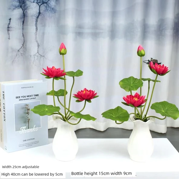 Yapay Lotus Çiçeği Aranjmanı - İki Lotus Plastik Saksıda 2 Turuncu Demet - 6