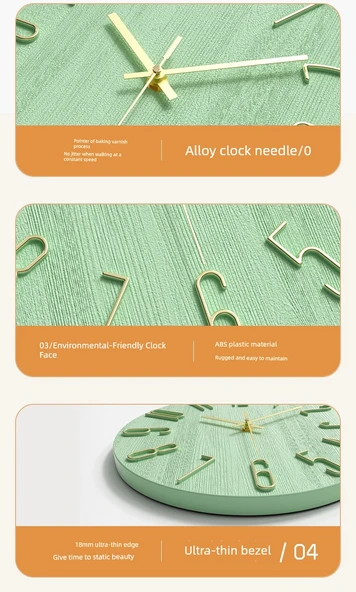 Minimalist Modern Duvar Saati - 30 cm - Bezelye Yeşili Şampanya Altın - 10