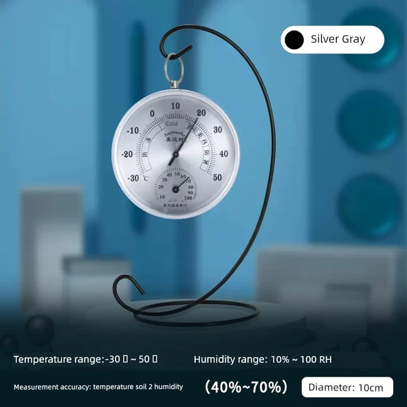 Gümüş Gri Sanatsal Termometre Higrometre - Duvar Askılıklı - 10cm