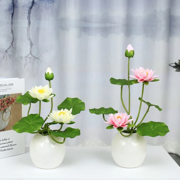 Yapay Lotus Çiçeği Aranjmanı - İki Lotus Plastik Saksıda 2 Turuncu Demet - 2
