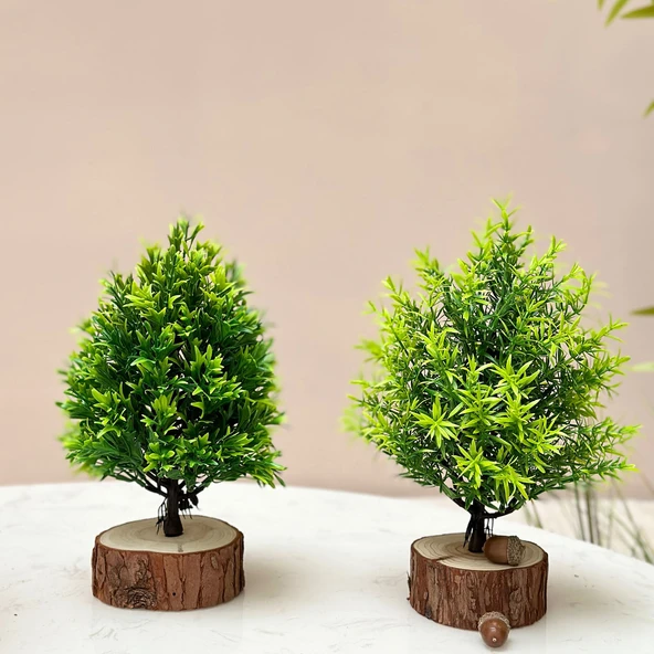 Yapay Yeşil Bonsai - Gür Dallar ve Yapraklar + Yeşil Dallar + Küçük Kazık + Küçük Meşe Palamudu
