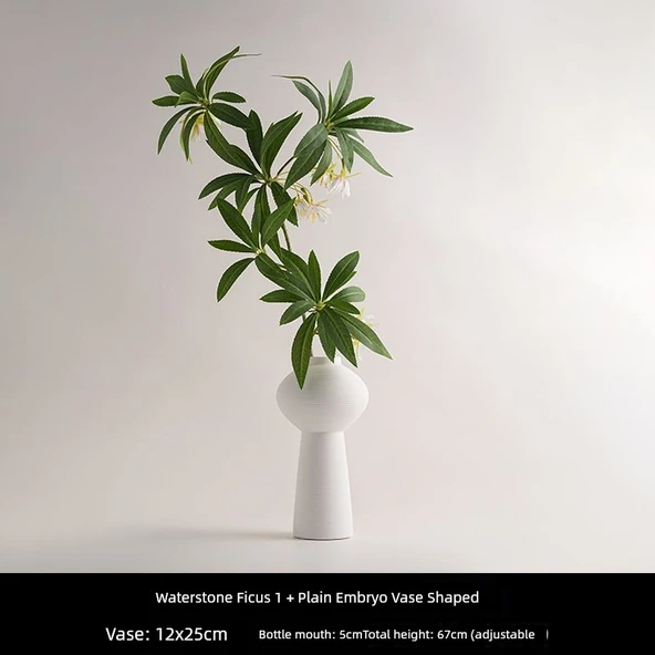 Seramik Vazoda Yapay Ficus Banyan Ağacı - Su Taşı Ficus 1 + Düz Embriyo Vazo Şekilli