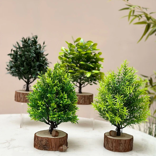 Yapay Yeşil Bonsai - Cui Yun Sihe-Dört Saksı + Küçük Ahşap Kazıklar + Küçük Meşe Palamudu