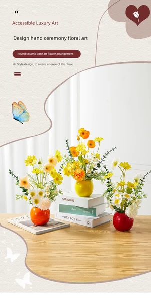 Vazoda Yapay Çiçek Aranjmanı - Kırmızı Vazo Sarı ve Beyaz Çiçekler - Resim 6