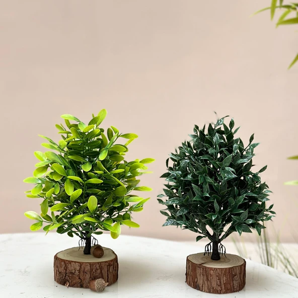Yapay Yeşil Bonsai - Gür Yeşil + Yeşil + Küçük Kazık + Küçük Meşe Palamudu