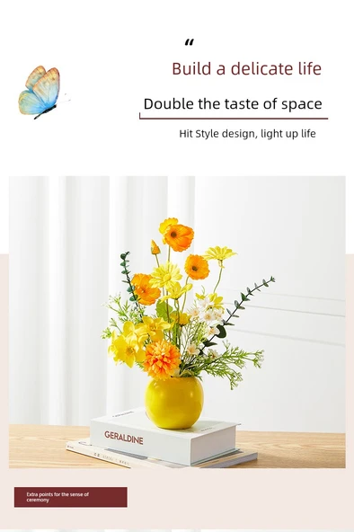 Vazoda Yapay Çiçek Aranjmanı - Kırmızı Vazo Sarı ve Beyaz Çiçekler - Resim 8