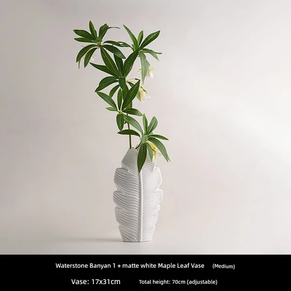 Seramik Vazoda Yapay Ficus Banyan Ağacı - Su Taşı Banyan 1 + Mat Beyaz Akçaağaç Yaprağı Vazo (Orta)