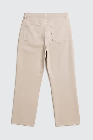 Kadın Yüksek Bel Paçası Püskül Detaylı Mom Fit Bej Jean Pantolon - 4