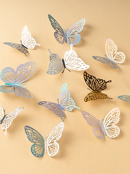 3D Renkli Kelebek Duvar Stickerları - I Renkli Gümüş 24 Adet - 6