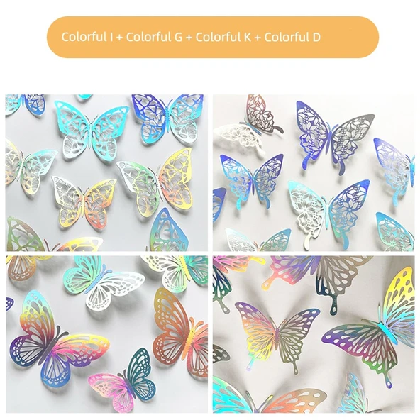 3D Renkli Kelebek Duvar Stickerları - I 12 Renkli Gümüş + G 12 Renkli Gümüş + K 12 Renkli Gümüş + D 12 Renkli Gümüş