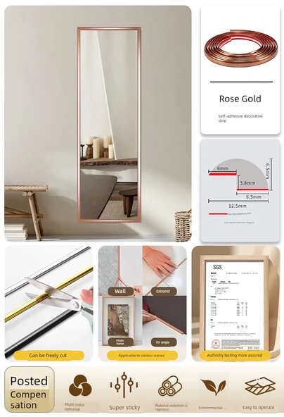 Kendinden Yapışkanlı Ayna Kenarı Dekoratif Şerit - Rose Gold - 1.2cm x 10m