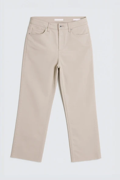 Kadın Yüksek Bel Paçası Püskül Detaylı Mom Fit Bej Jean Pantolon - 3