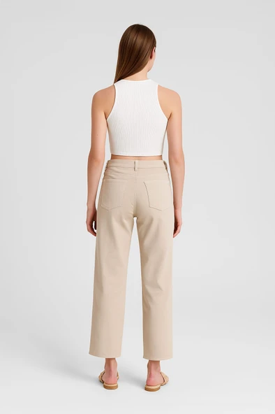 Kadın Yüksek Bel Paçası Püskül Detaylı Mom Fit Bej Jean Pantolon - 2