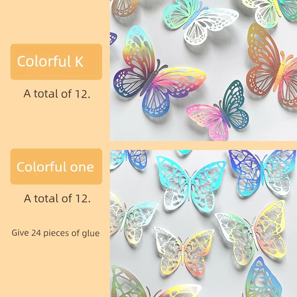 3D Renkli Kelebek Duvar Stickerları - K 12 Renkli Gümüş + I 12 Renkli Gümüş